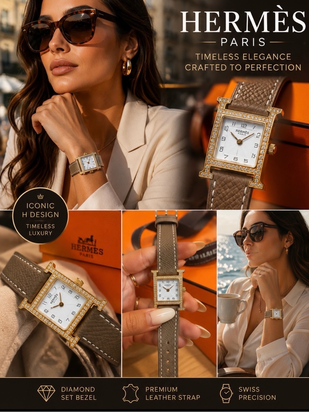Hermès H Watch with Taupe Leather Strap & Diamond Bezel